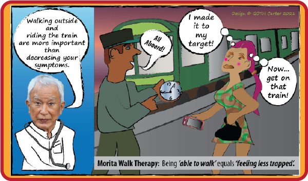 Phobia Power! book illustration: Morita Walk therapy - patient get's to the target: train station.