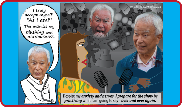 Phobia Power! book illustration: Dr Kurokawa overcomes his anxiety while being interviewed on live television.
