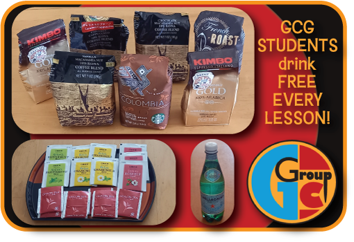 Photo montage of the different free coffees and teas and bottled water at GCG for students.